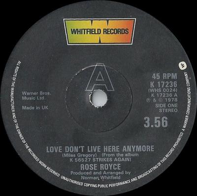 7palcová deska ROSE ROYCE - Love Don't Live Here Anymore K17236 Whitfield Recor 1978 UK Soul/Funk Použitá