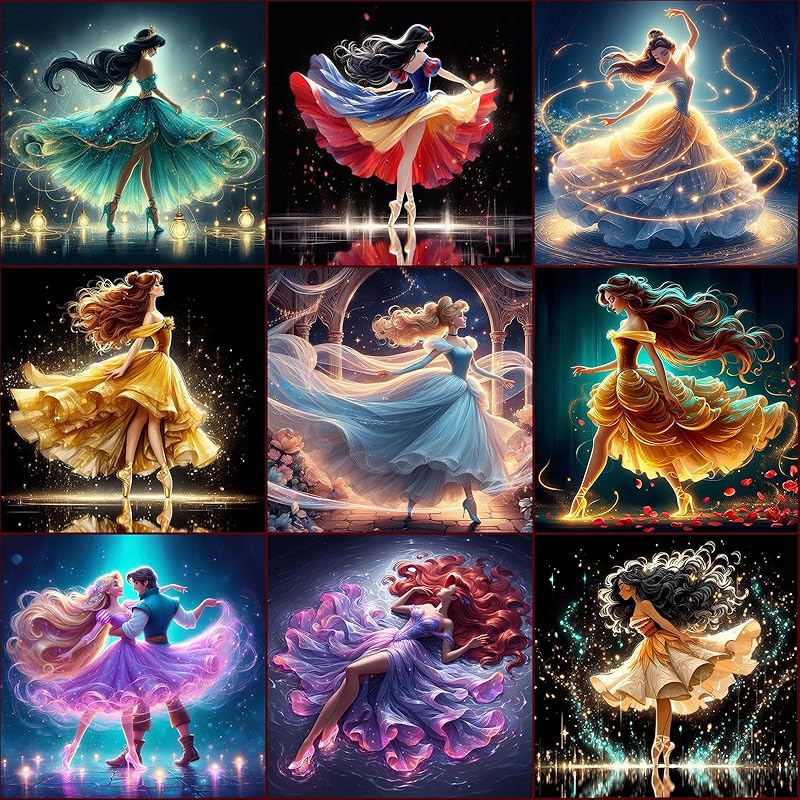 KEYRANKE 9 Pack Diamond Painting Kits for Adults 5D DIY Princess Diamond Art Kit Paint with Round Full Drill Diamonds for Beginners Gem Paintings Art 9 princesses