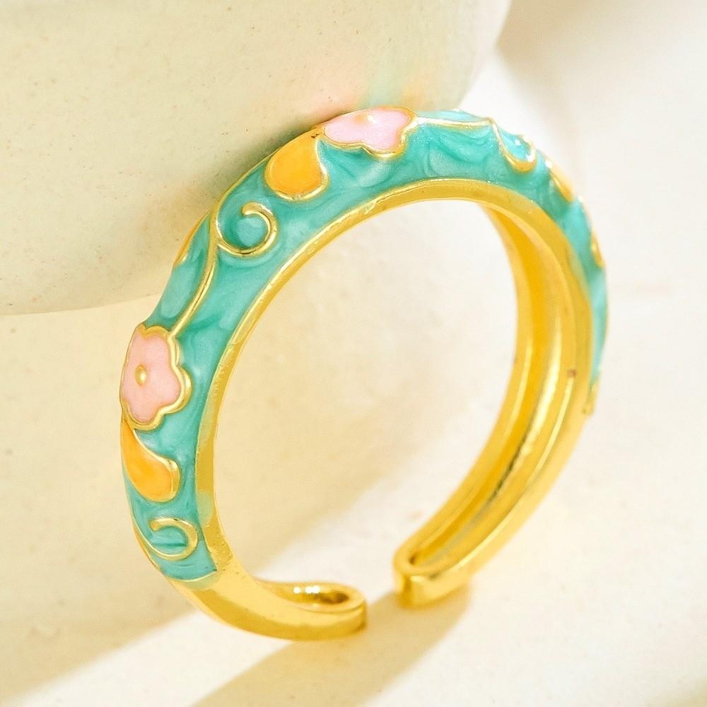 Colorful Oil-Drop Enamel Ring Versatile Drip Glazing Ring Vintage Flower Open Ring  Wedding