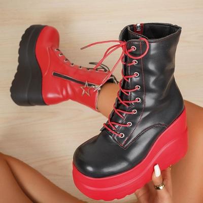 Plus-size Shoes, Wedge Heels, Lace-up Mid-calf Boots, Versatile Leather Boots, Women's Shoes