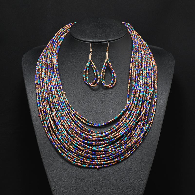 Bohemian multi-layer rice beads short necklace earrings retro exaggerated personality women's sweater chain accessories