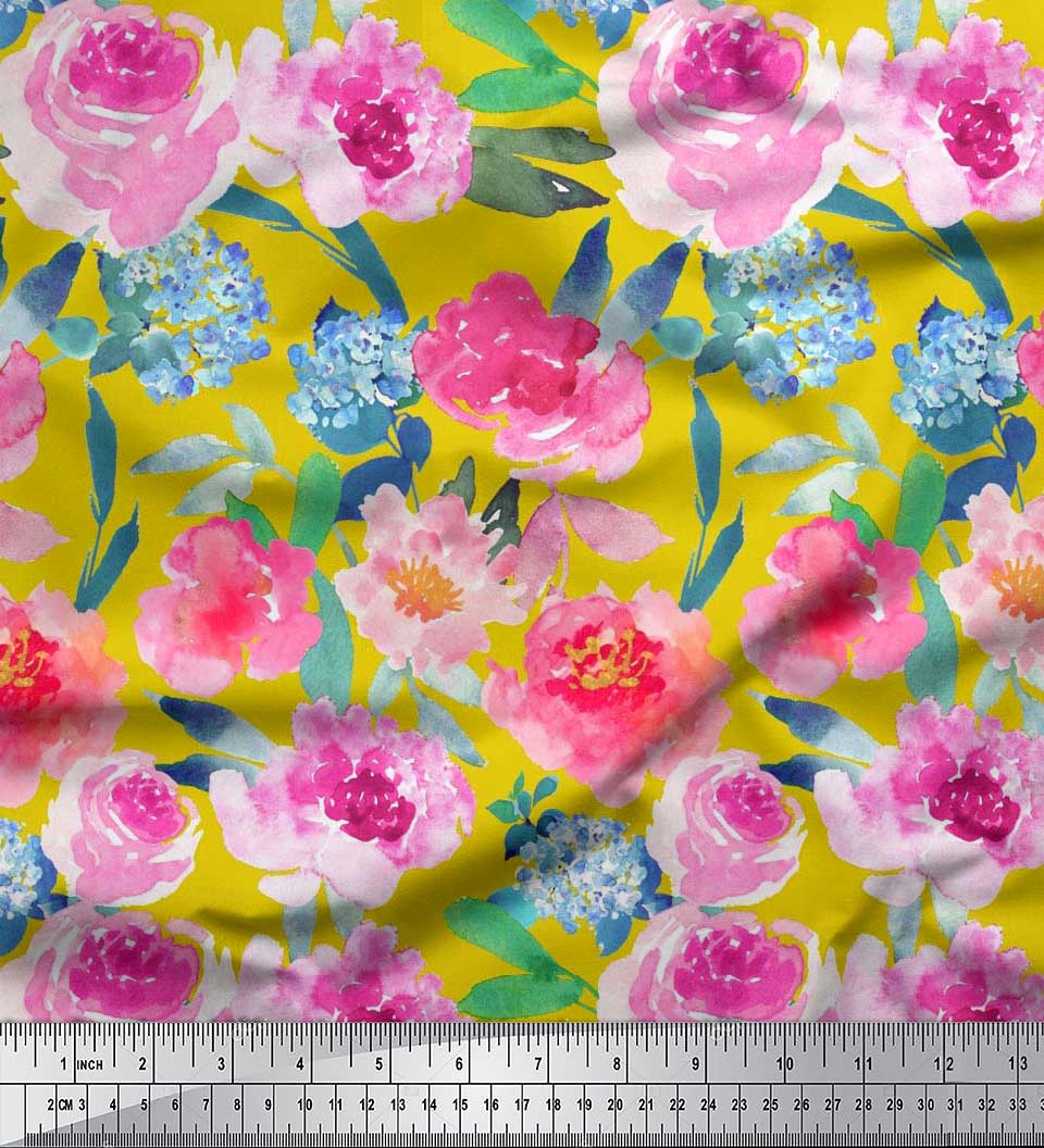 

Soimoi Japan Crepe Satin Fabric Flower & Leaves Watercolor Print Тканина на метр 42 дюйма 42 Inch Wide - Poly Crepe жовтий