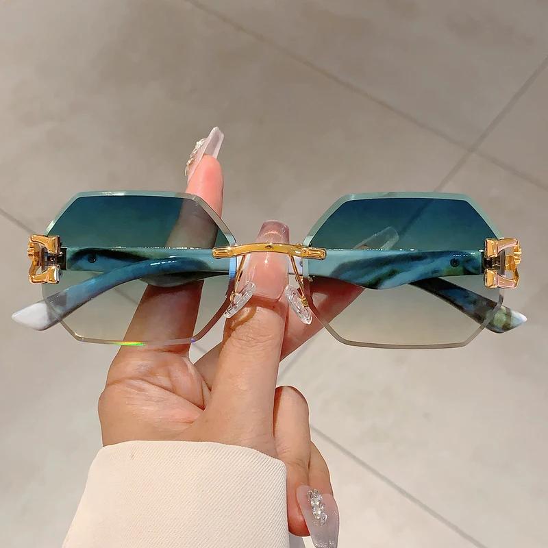 Vintage Rimless Polygon Shades Luxury Brand Gradient Women's Sunglasses Fashion Leopard Decor Travelling Sun Glasses