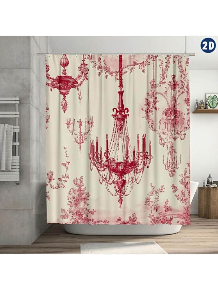 

Red Toile De Jouy Print Shower Curtain, Durable Polyester, Easy Clean, For Bathroom & Window Decor W60H190(CM)-1 Pcs