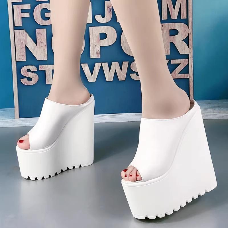 Modne 16CM Damskie Sandały na Platformie Wysokie Obcasy Koturn Otwarte Palce Wsuwane Bez Pięty Muły Letnie Kapcie Buty