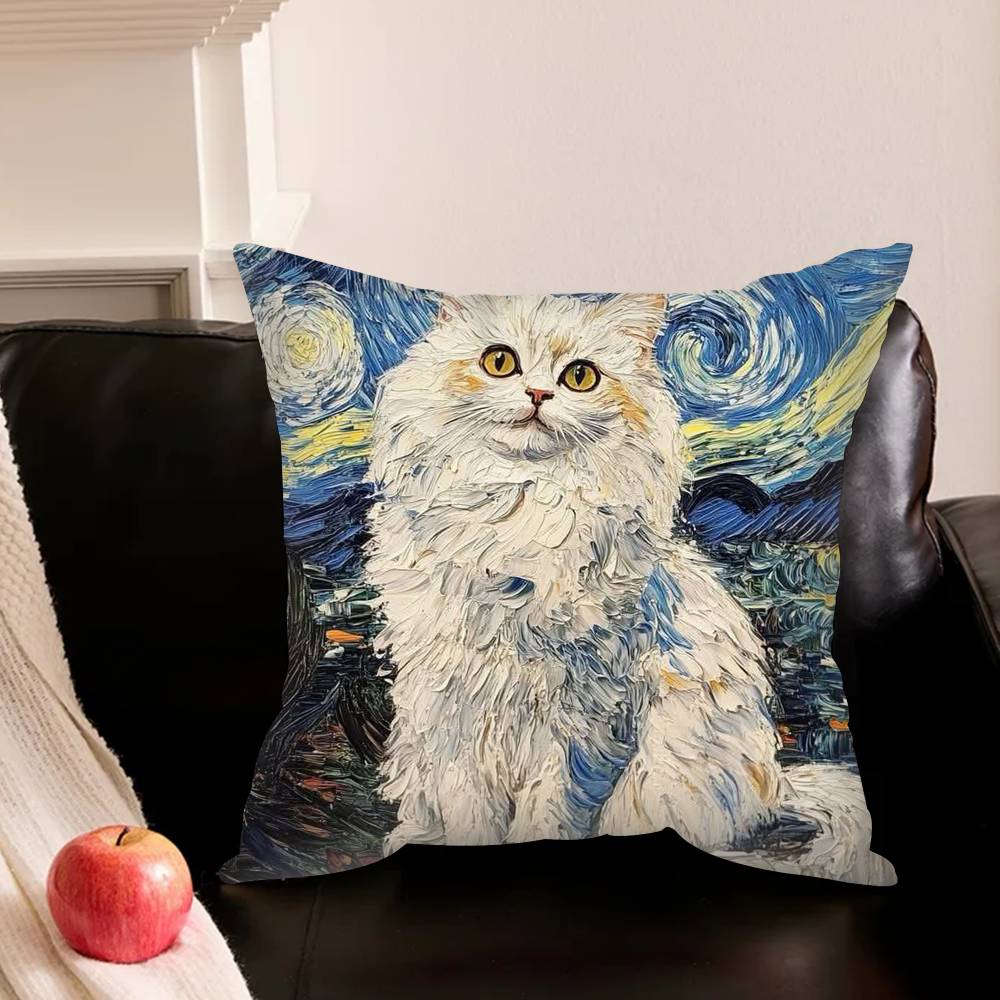 Cute Cat V-Van G-Gogh Starry Sky Various Sizes Square Pillowcase For Car Home Bedchamber Decor