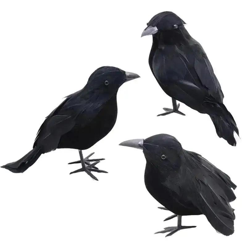 3 Pcs/set Crow Mock Bird Theme Garden Statue Sculpture Toy Feather Animal Festival Decoration Props Party Supplies Decoration
