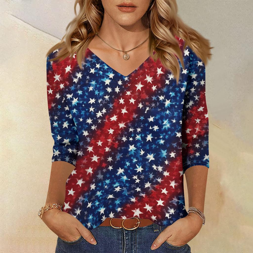 Women's Fashionable Casual Independence Day American Flag and Stars Print V-Neck Three-Quarter Sleeve T-Shirt Top