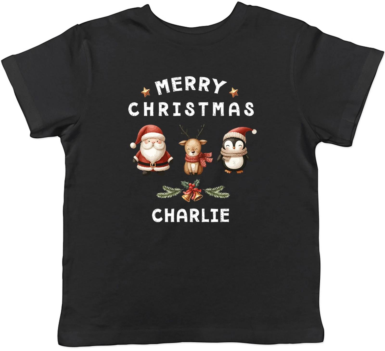 Personalised Merry Christmas Penguin Santa Deer Kids T-Shirt Boys Girls Gift 100
