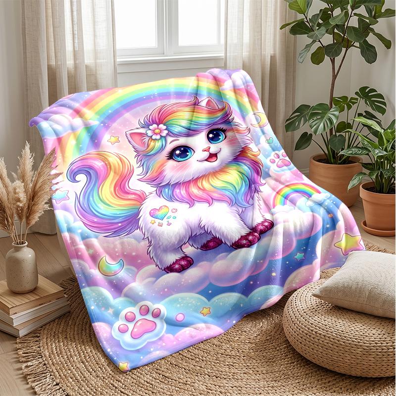 Rainbow Kitten Fantasy Theme Blanket Lightweight Warm Flannel Blanket Decorative Throw Blanket for Home Decoration