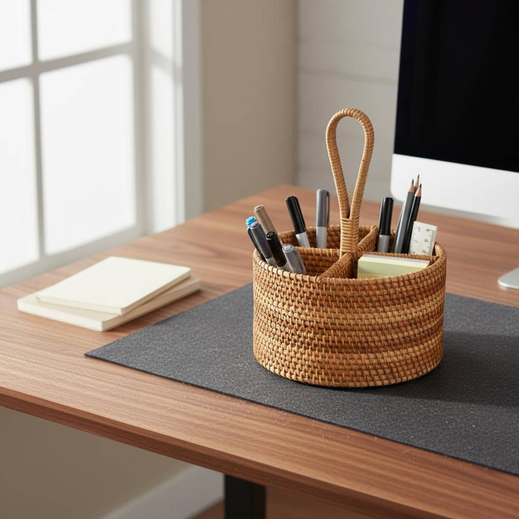 4 Compartment Organizer With Dividers Woven Rattan Container Divided Storage Container Portable Wicker Utensil Carrier