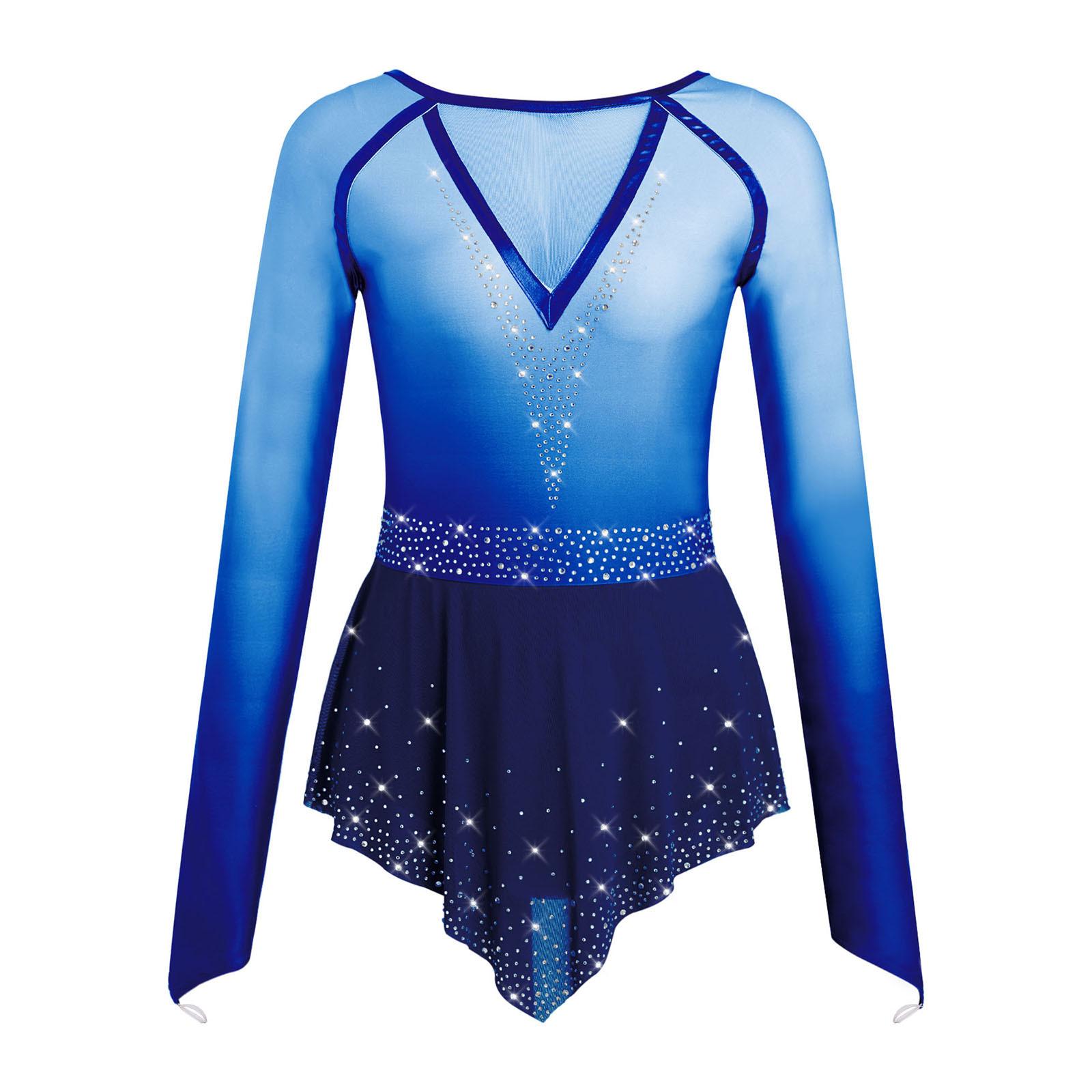 

Womens Gymnastic Bodysuit Gradient Design Rhinestones V Backless Long Sleeve Mesh Skirt Leotard S темно-синього кольору
