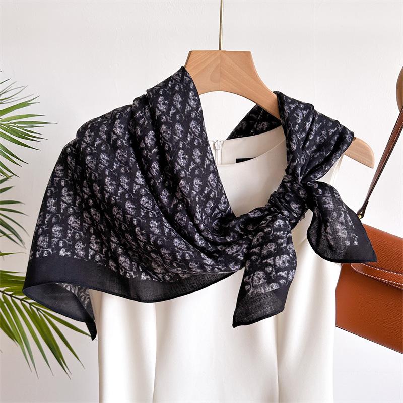 

Korean Alphabet Versatile Professional 90Cm Imitation Silk Large Square Scarf Retro Printed Shawl Herringbone Scarf Headscarf Female 90x90cm