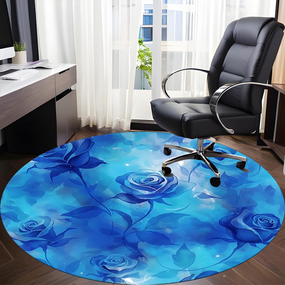 1pc Blue Roses Office Round Rug, Non-slip, Soft and Durable Office Rug for Interior Decoration, Perfect for Office, Beautiful Decoration Yy260324074