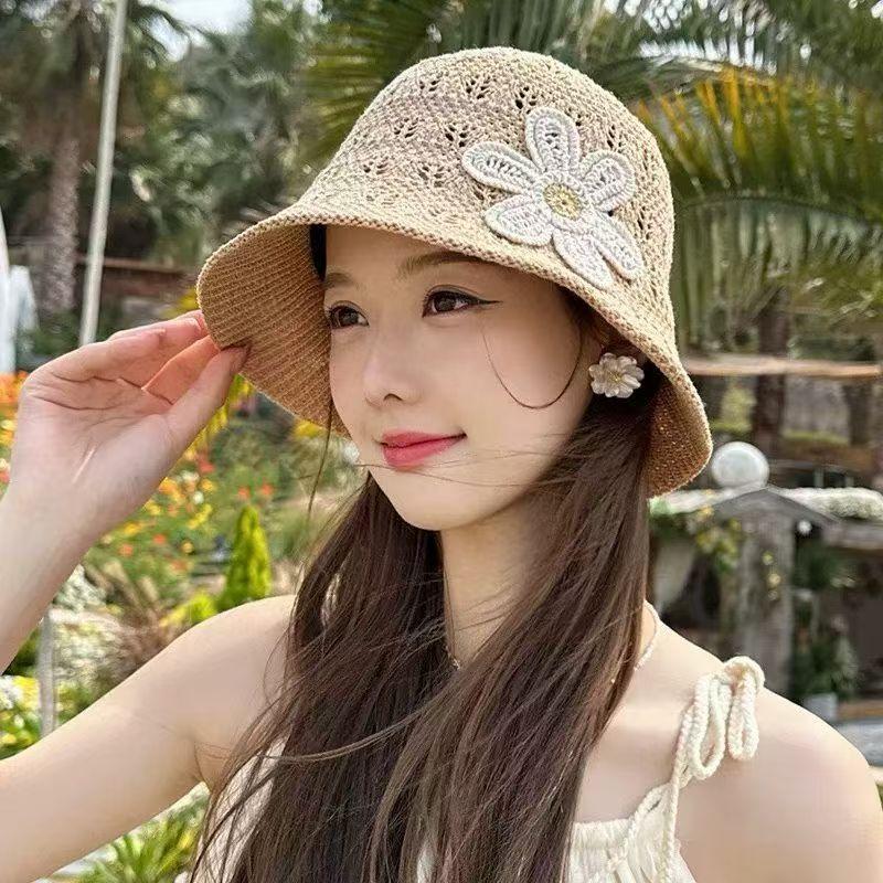 Korean Style 3D Flower Fisherman Hat for Women, Summer Hollow Breathable Sun Hat, Versatile Bucket Hat