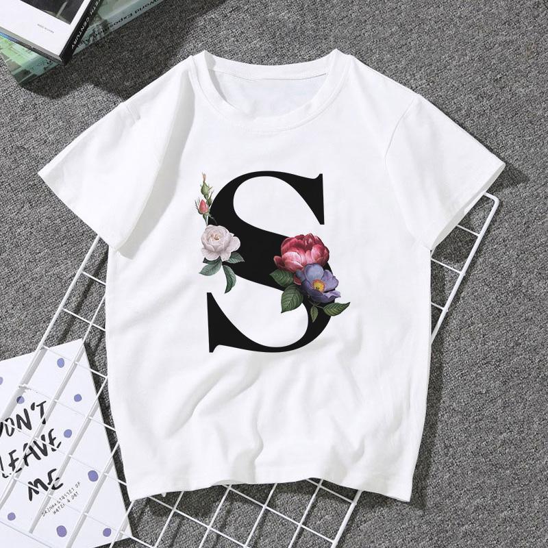A B C D E English Alphabet Print T Shirt Women Short Sleeve Couples Lovers Female