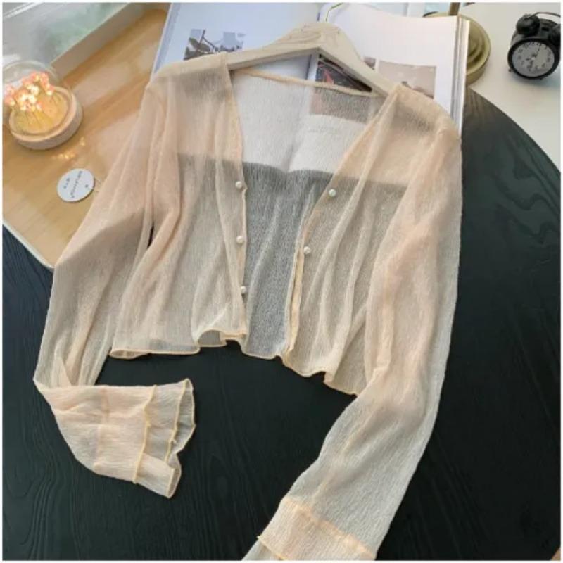 Cardigan de vară pentru femei, din șifon transparent, cu nasturi, cu mânecă lungă, crop top