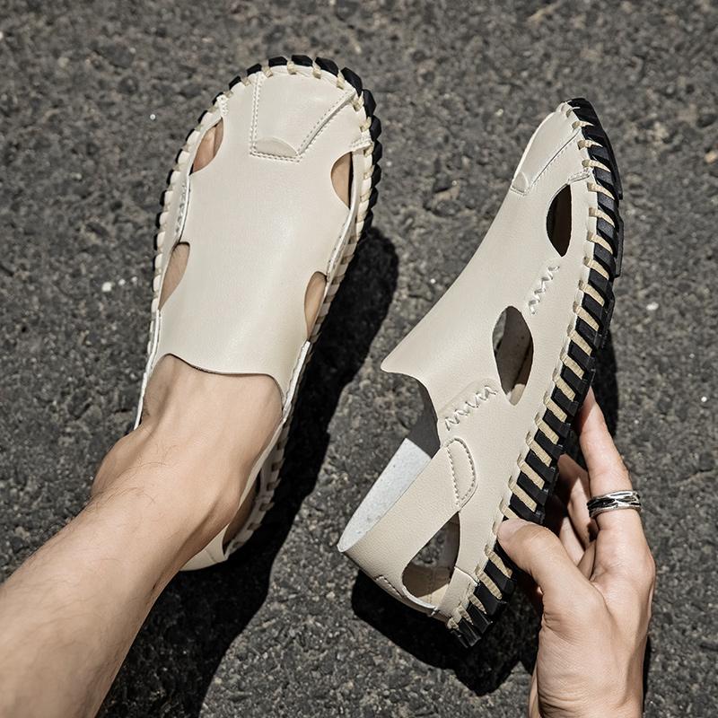 Men Sandals Handmade Leather Closed Toe Outdoor Roman Summer Walking Hiking Sandals Beach Shoes Plus Size
