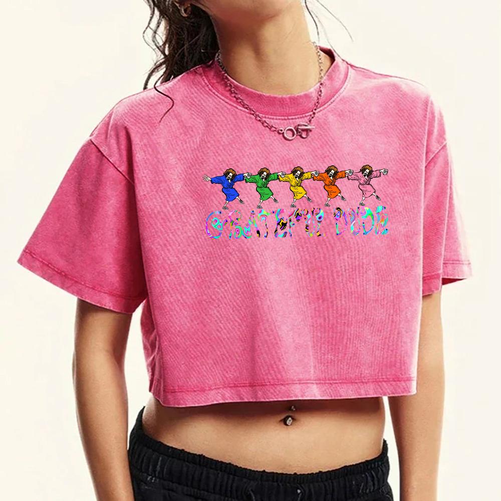 5 Colorful Men Dancing Printing Washed Tee Shirt Women Cotton Casual T Shirts Fashion Summer Clothes Street Crop Top