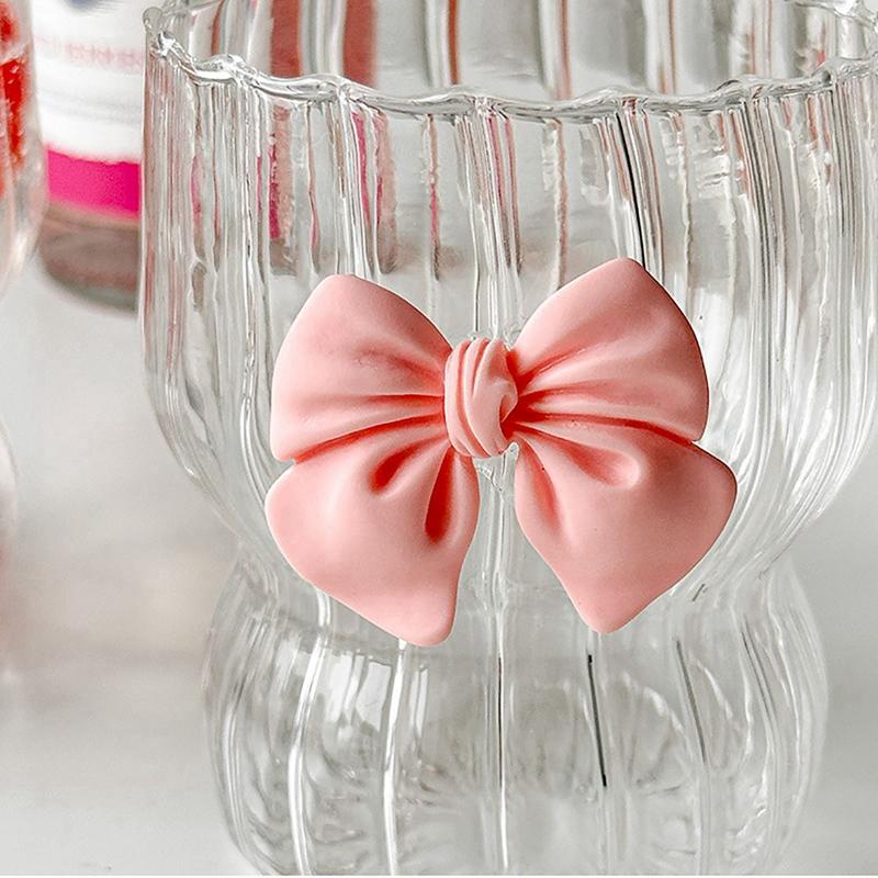 Vertical Striped Glass Cup with Bow Decor Cute Coffee Cocktail Juice Water Tea Glassware