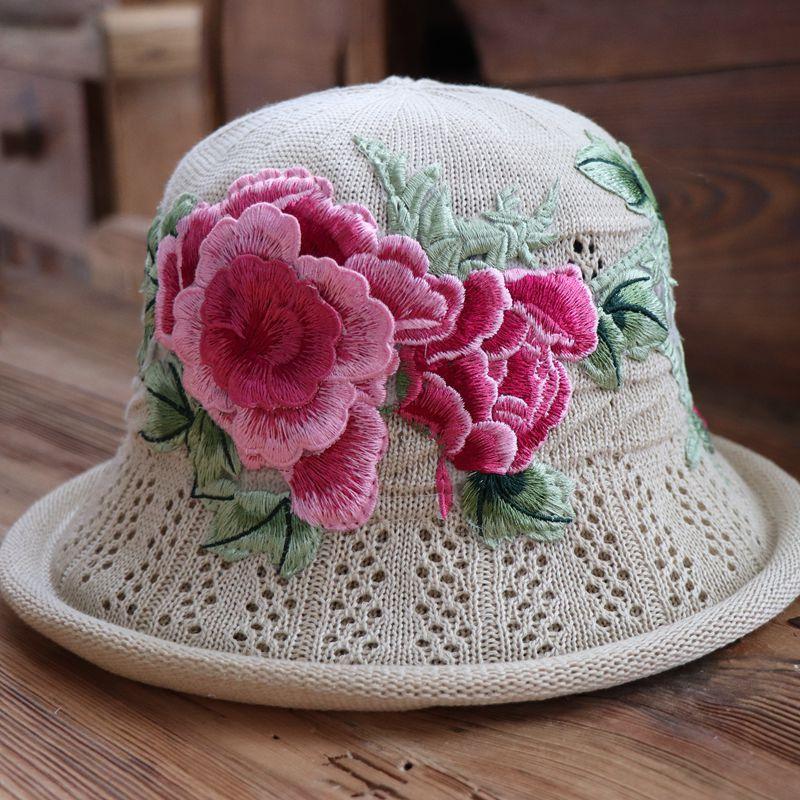 Vår og sommer etnisk vind broderi blomst sammenleggbar hatt dame strikkelue sandbøttehatt