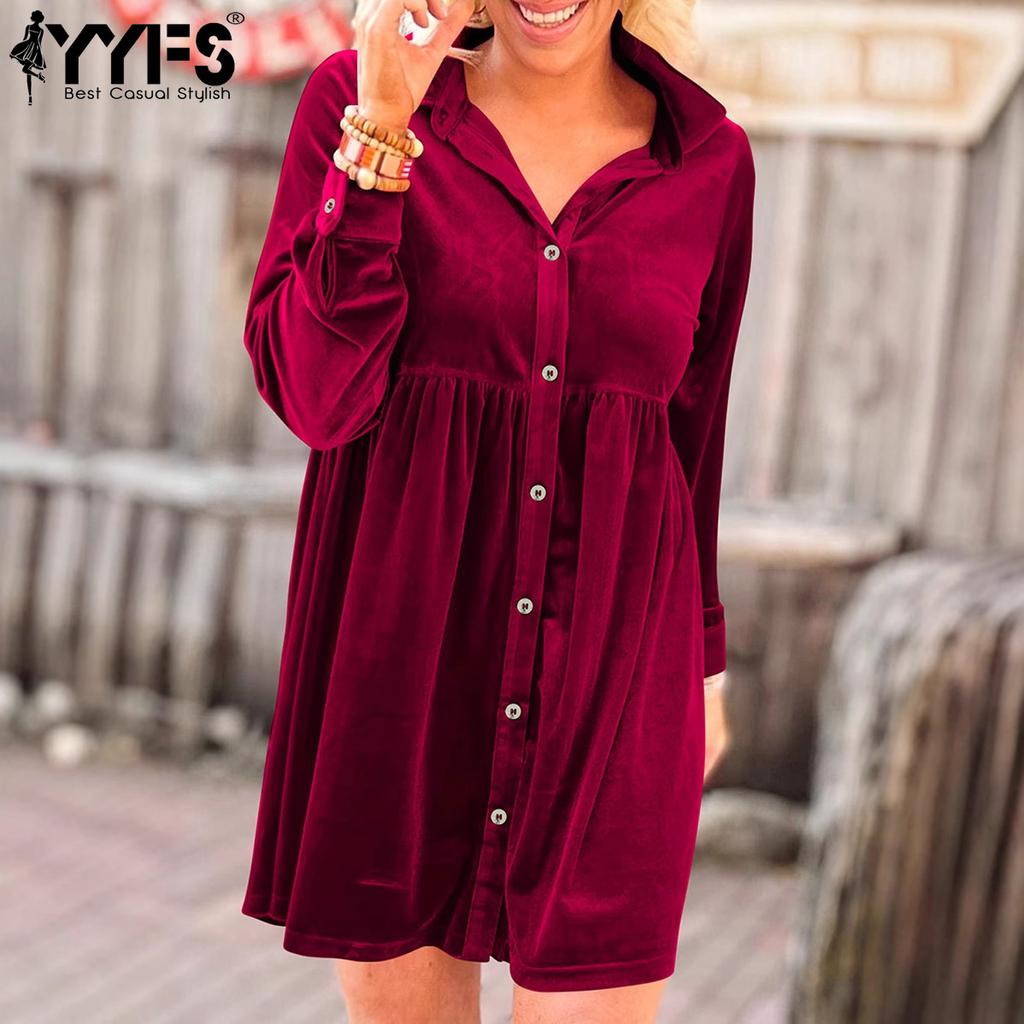 YYFS Damenmode Frühling Herbst Einfarbig Druck Langarm POLO Hals Lose Taille Casual Kleider