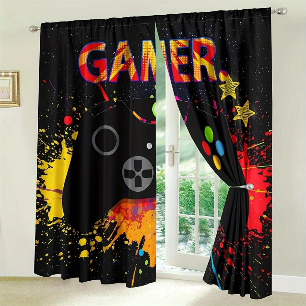 2 Panels Gamer Curtains for Bedroom Rod Pocket Video Game Gaming Graffiti Gamepad Controller for Residential Space Space Decor Window