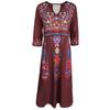 Women's V-Neck 3/4 Sleeve Long Dress with Colorful Ethnic Embroidery