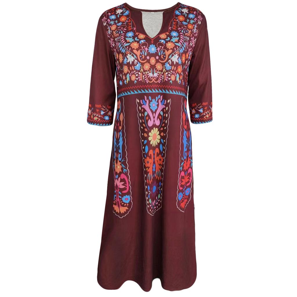 Women's V-Neck 3/4 Sleeve Long Dress with Colorful Ethnic Embroidery