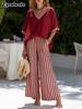 Women's V-Neck Top & Straight Leg Striped Casual Pants Set