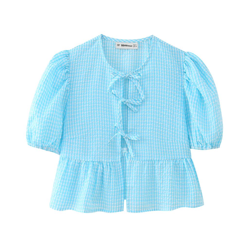 Dolce Casual Cravatta Girocollo Maniche a Bolla Versatili Camicette Camicia Corta