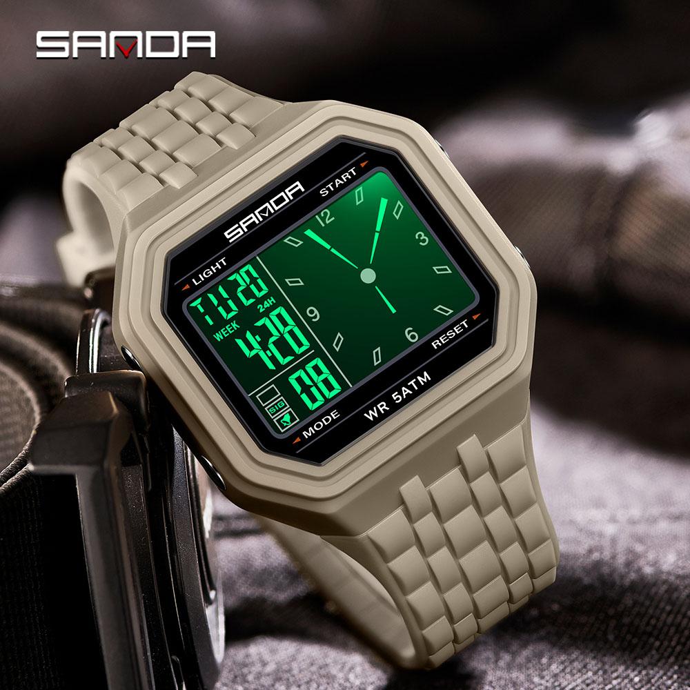 SANDA Fashion Electronic Watch Men's 50m Waterproof Night Light Multi Functional Student Trend Dual Screen Sports Watch