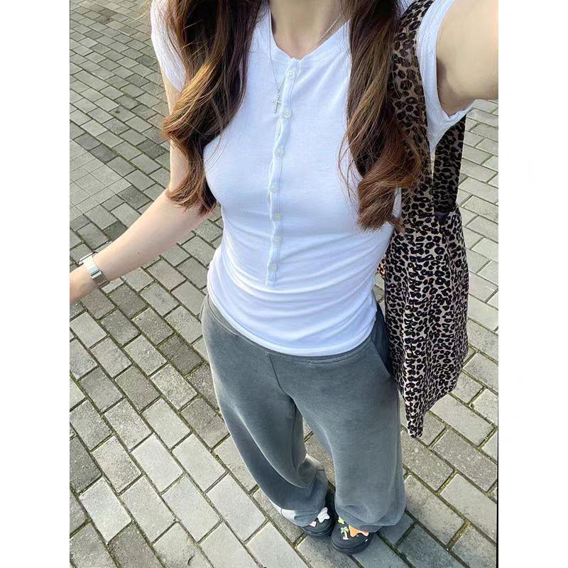 2025 Korean Style Women's Slim-Fit White Half-Button Cotton T-Shirt: Summer Casual Short Sleeve Top