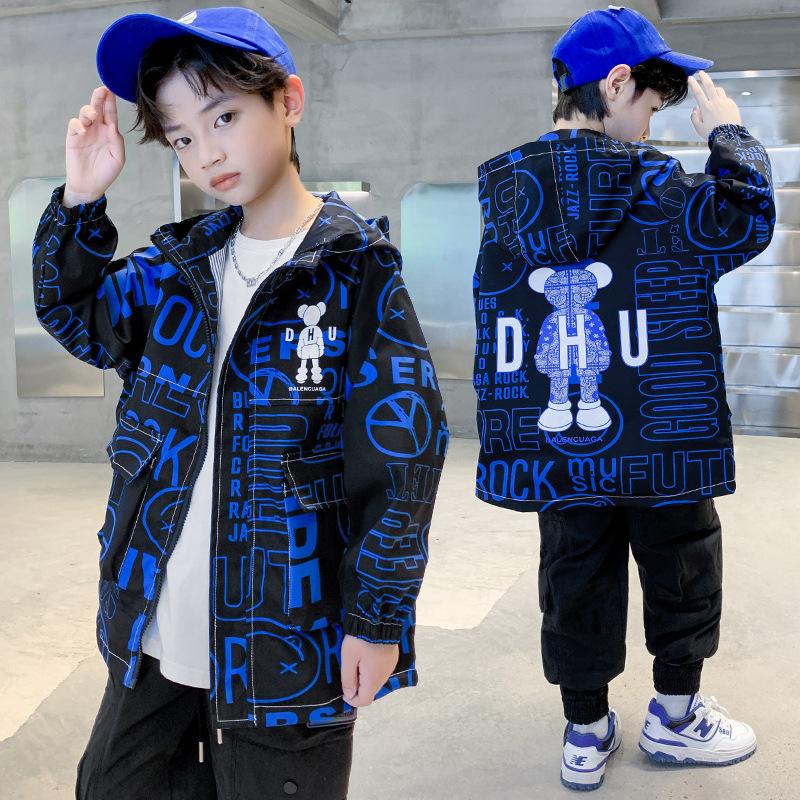 Boys' Fashion Coat Spring and Autumn Children's Bear Print Hooded Trench Coat