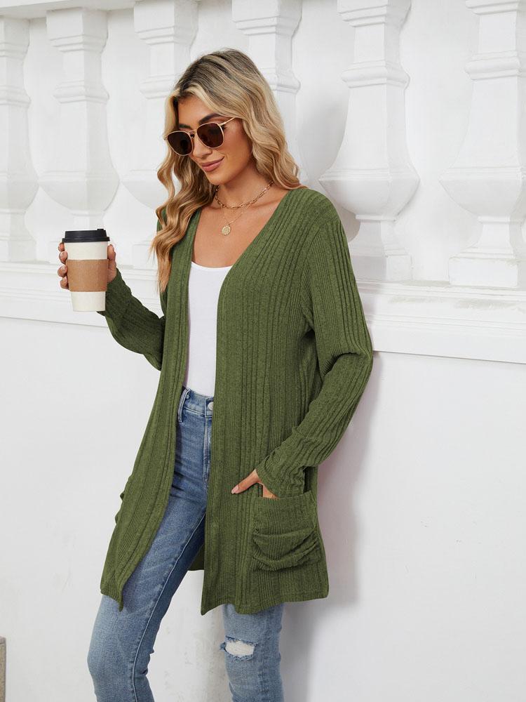 Autumn and Winter New Pit Stripes Long-sleeved Pockets Casual Solid Color Cardigan Jacket Long Cardigan Women Tops Kawaii Sweater