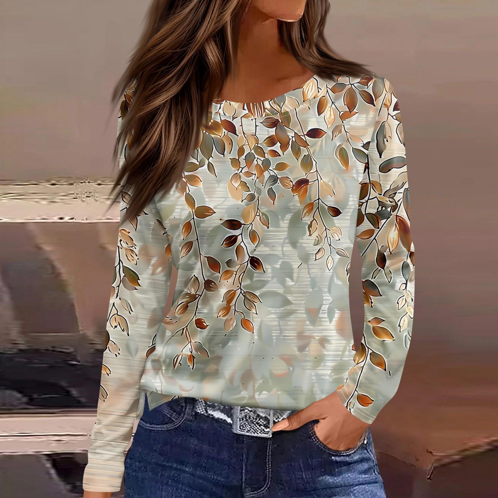 

Женская модная повседневная свободная футболка с принтом и круглым вырезом с разрезом и длинным рукавом, женский топ M