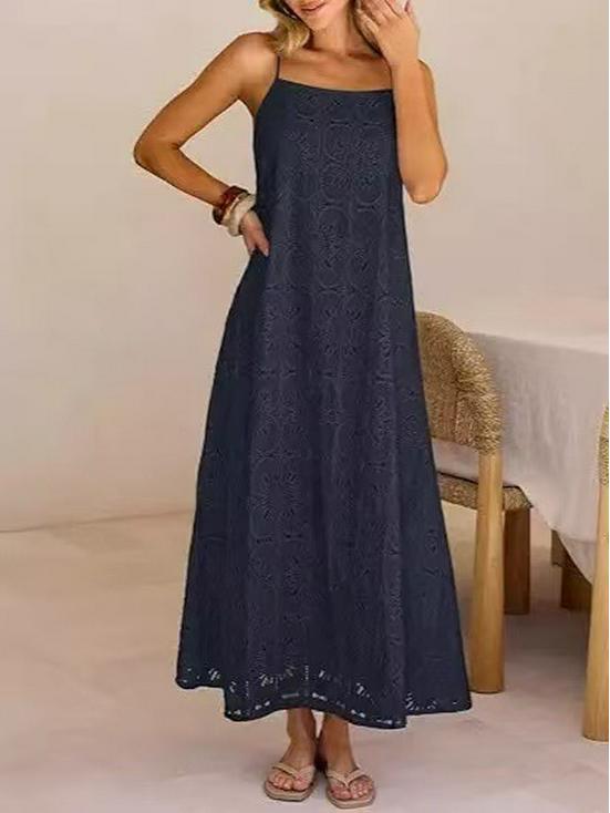 2026 European & American Sleeveless Women's Lace Dress - Solid Color with Button Straps