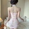 Retro-style Printing Hollow-out Sexy Cheongsam Neck Dress Temperament Young Slim-fitting Backless Hip-wrapped Short Skirt