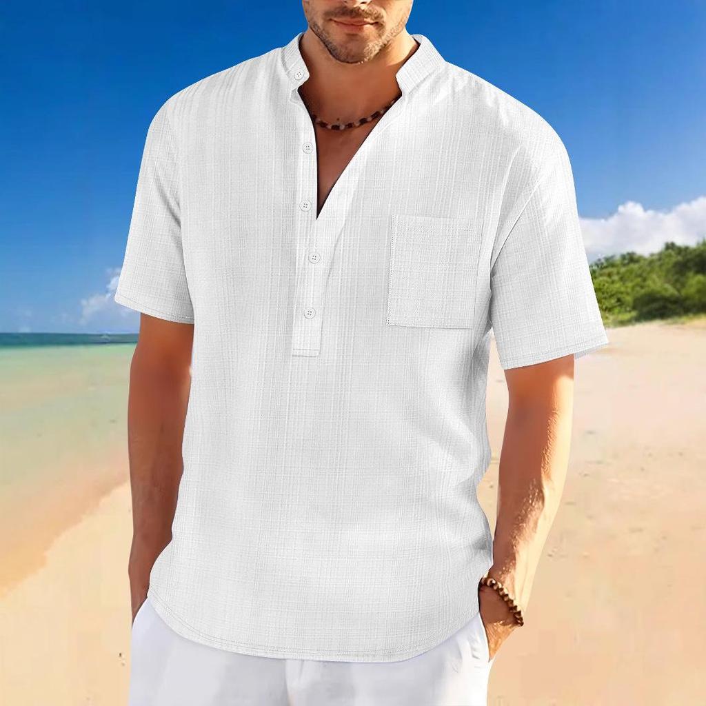 2025 Spring/Summer Men's Stand-Up Collar Short-Sleeve Henley Shirt - Loose Casual Vacation Style