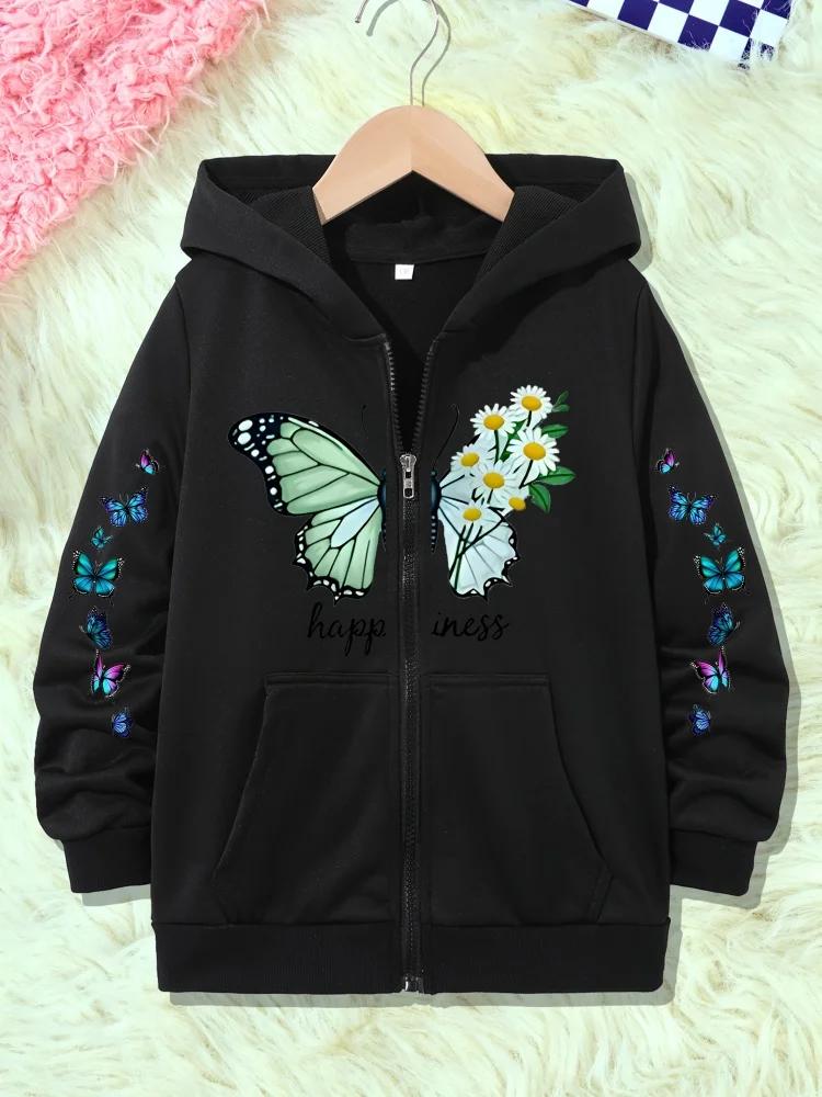 Girls Zip Up Hooded Jacket Green Butterfly Daisy Happiness Letter Print Long Sleeve Casual Kids Hoodie For Daily Outdoor Outfit