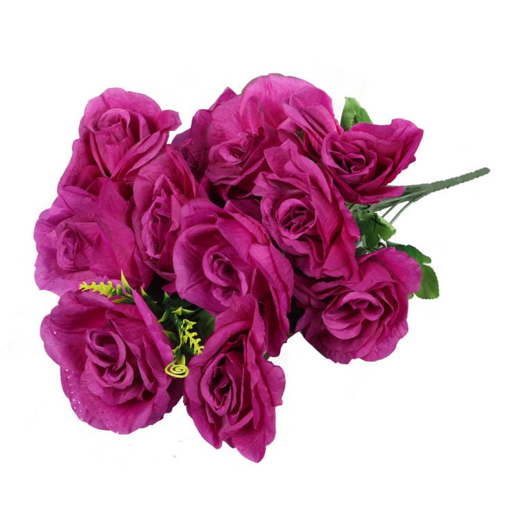 A bouquet of 12 open purple roses