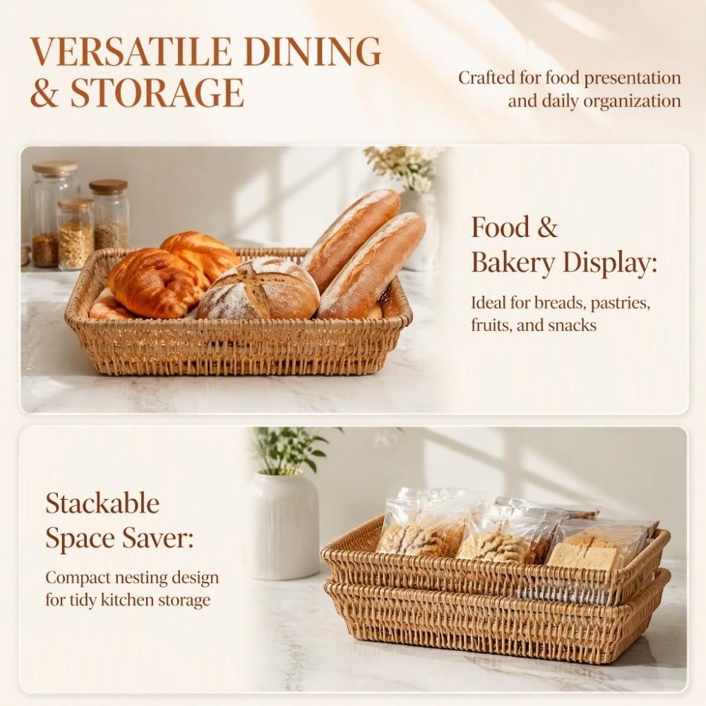 Rectangle Woven Serving Tray Wood Color Multifunctional Storage Basket Kitchen Counter Use