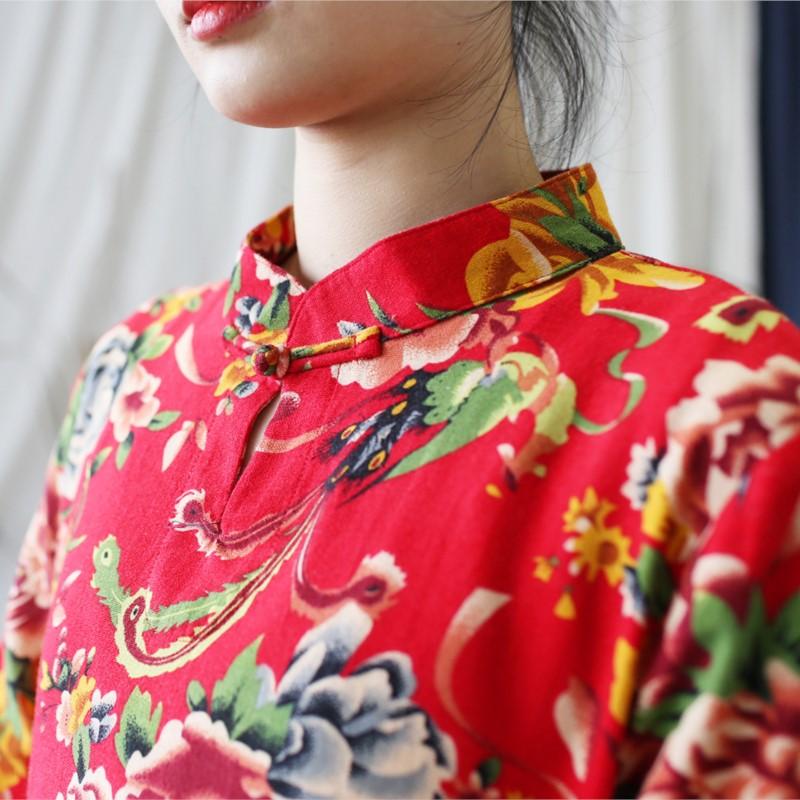 Johnature Femei Vintage Stand Rochii Seven Maneci Print Floral Summer A-Line Style Chinese Style