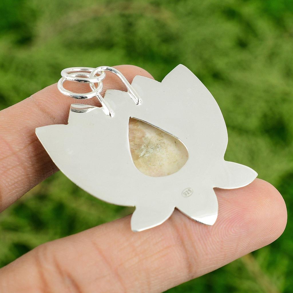 Daughters Day Deal Sterling Silver Scolecite Stone Art Deco Lotus Unique Pendant