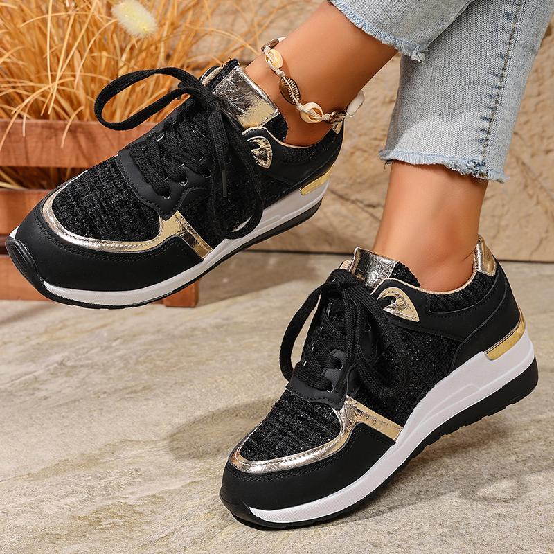 Fashion Fashion Black Platform Sports Shoes for Women Round Toe Lace Up Wedge Sneakers Woman Thick Sole Non Slip Casual Shoes Plus Size
