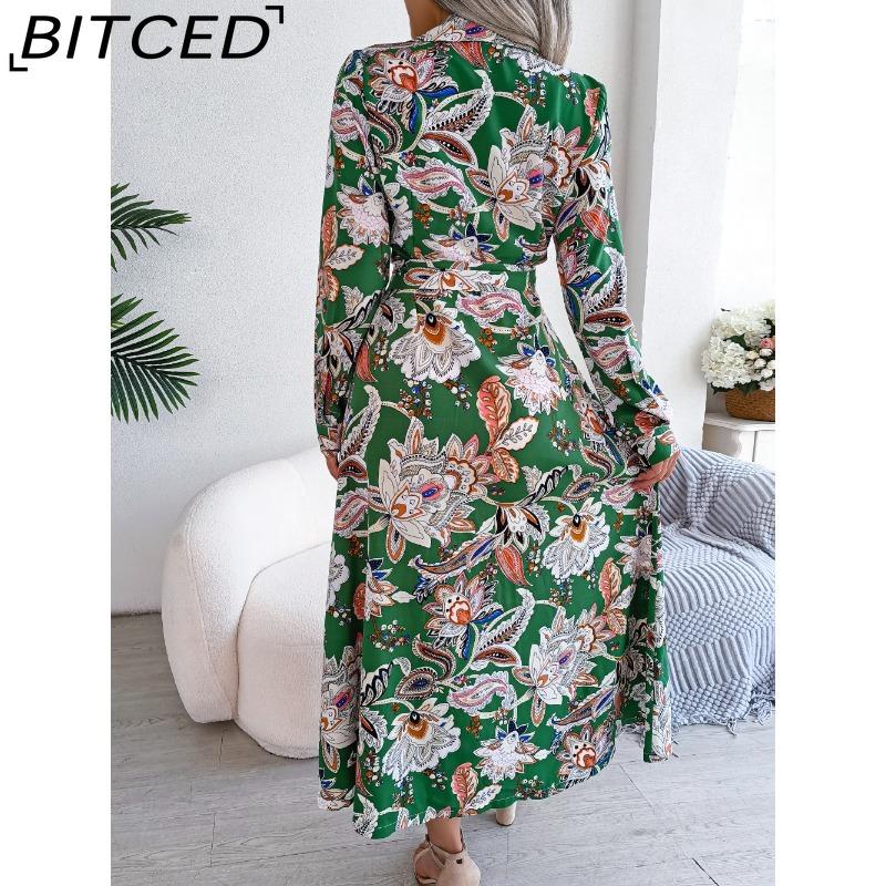BITCED Women's Retro Floral Collar Long Sleeve Shirt Dress for Spring Summer