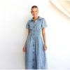2025 Spring and Summer Puff Sleeve Short-sleeved Distressed Casual Style Shirt Denim Long Dress Single-breasted Waist Denim Long Skirt Retro