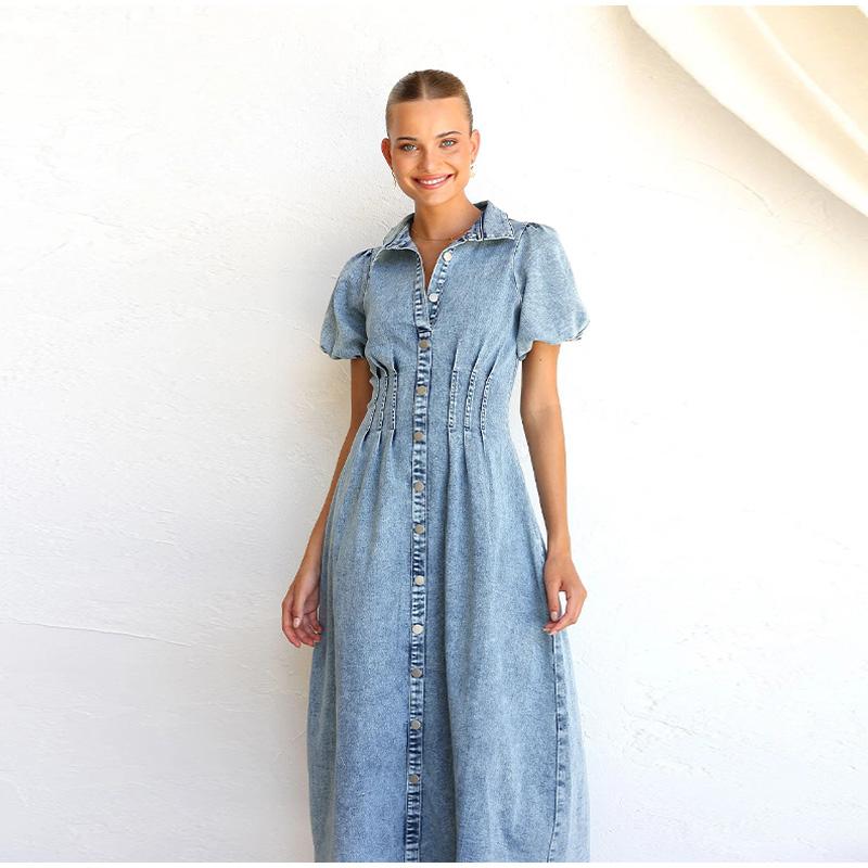 2025 Spring and Summer Puff Sleeve Short-sleeved Distressed Casual Style Shirt Denim Long Dress Single-breasted Waist Denim Long Skirt Retro