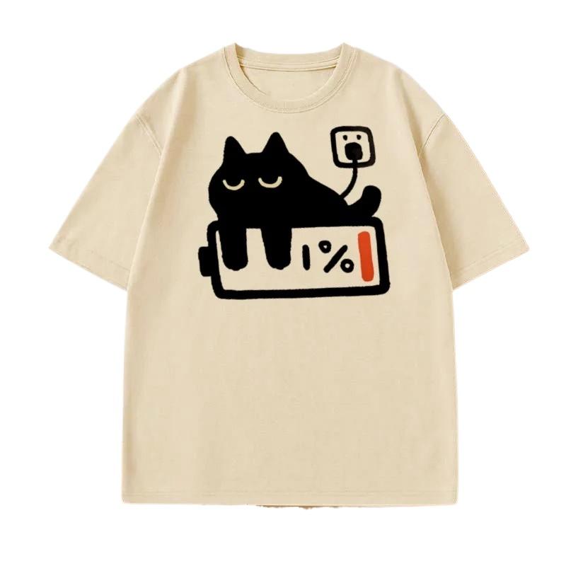 Funny Cat Charging T-shirt for Women Casual T Shirts Short Sleeved Tees Female Tops Summer Streetwear Round Neck Breathable Top