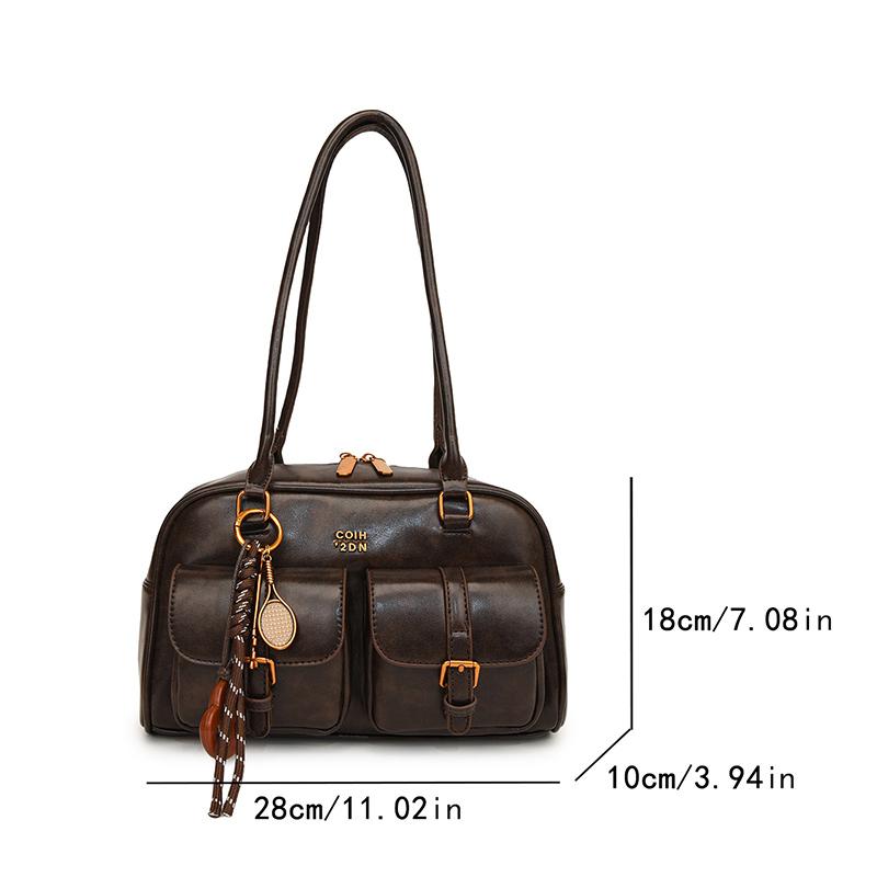 Women Multi Pockets Shoulder Bag with Pendant Vintage Armpit Bag PU Leather Casual Soft Handbag Travel Shopping Date Handbag